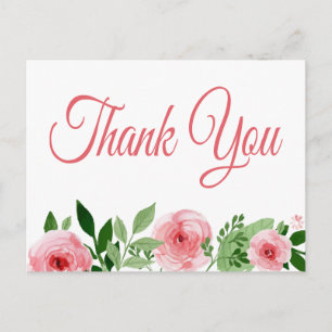 Watercolor Pink Rose Floral Thank You Postcard