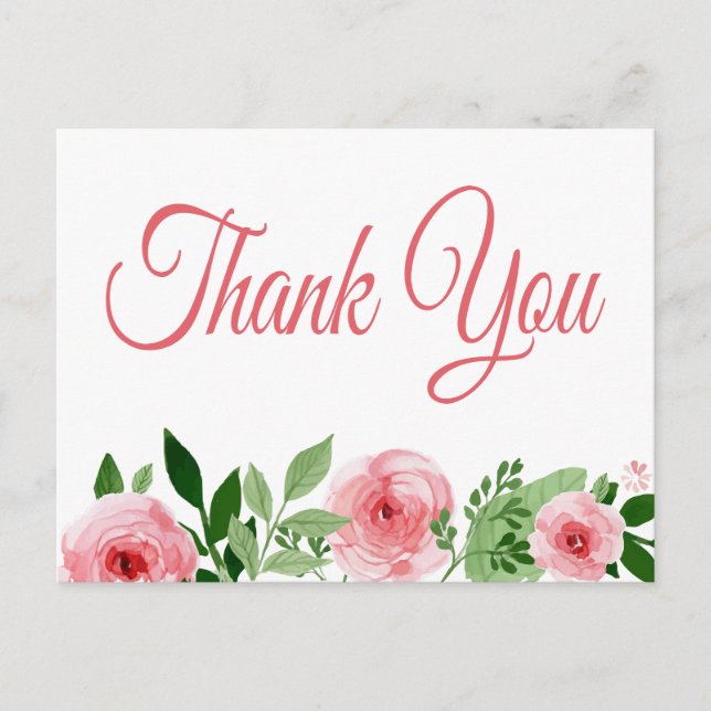 Watercolor Pink Rose Floral Thank You Postcard (Front)