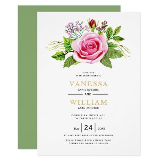 Watercolor pink rose floral wedding invitation