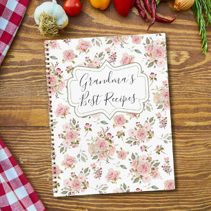 Watercolor Pink Rose Flowers Floral Grandma Recipe Notebook