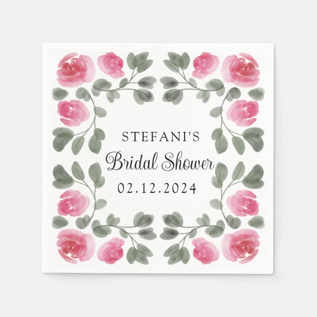Watercolor Pink Rose Flowers Personized Napkins (Front)
