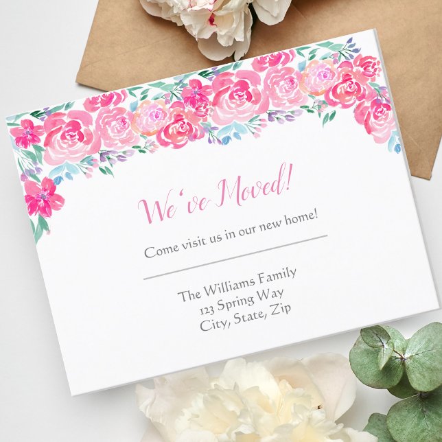 Watercolor Pink Rose Garden New Address Change Announcement Postcard (Share joy: pastel roses, new address. Ideal for friends and family.)