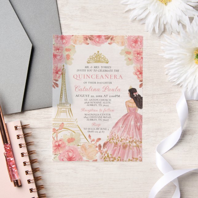 Watercolor Pink Rose Gold Tiara Paris Quinceañera Vellum Invitations (Wedding)