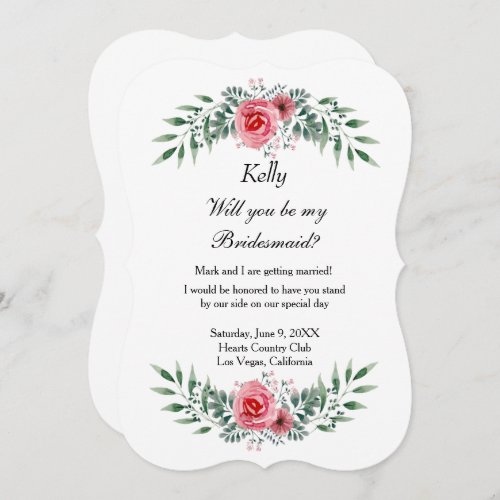 Watercolor Pink Rose Greenery Foliage Bridesmaid Invitation