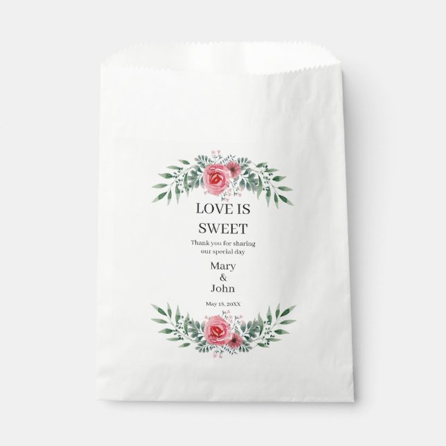 Watercolor Pink Rose Greenery Foliage Favor Bag (Front)