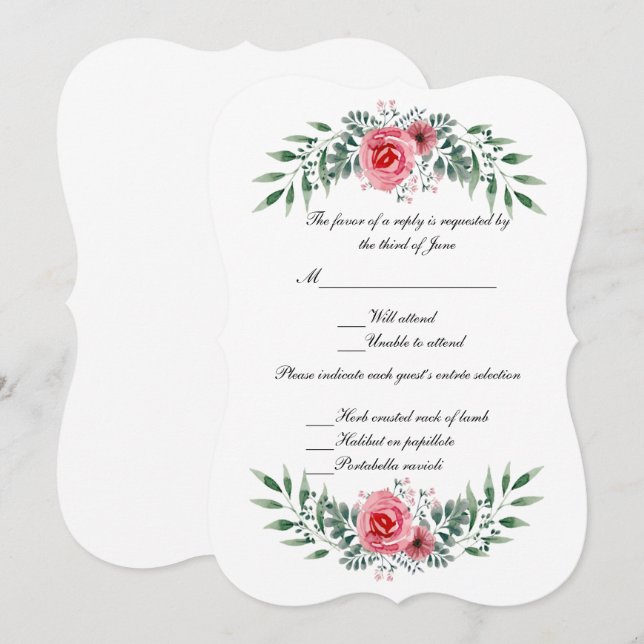 Watercolor Pink Rose Greenery Foliage RSVP Card (Front/Back)