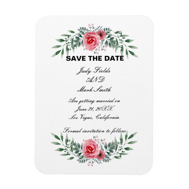 Watercolor Pink Rose Greenery Foliage Save TheDate Magnet (Vertical)