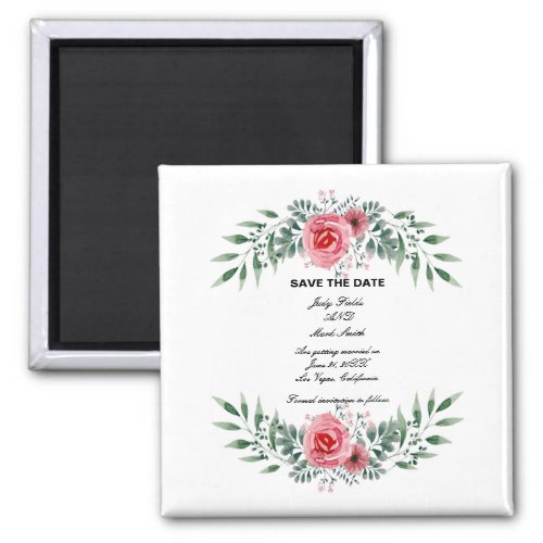 Watercolor Pink Rose Greenery Foliage Save TheDate Magnet