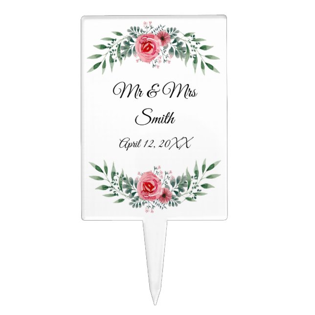 Watercolor Pink Rose Greenery Foliage Wedding Cake Topper (Front)