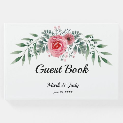 Watercolor Pink Rose Greenery Foliage Wedding Guest Book