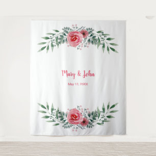 Watercolor Pink Rose Greenery Foliage Wedding Tapestry