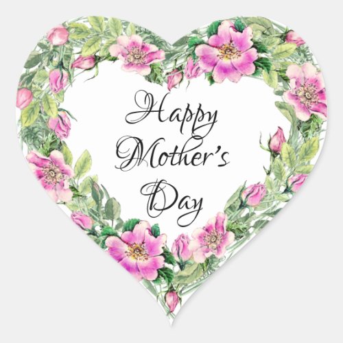 Watercolor Pink Rose Heart Happy Mothers Day Heart Sticker