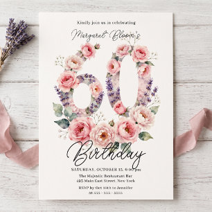 Watercolor Pink Rose & Lavender 60th Birthday Invitation
