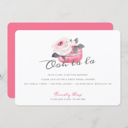 Watercolor Pink Rose Macaron Bridal Shower Invitation