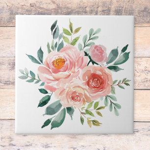 Watercolor Pink Rose Peony Flower Bouquet Ceramic Tile
