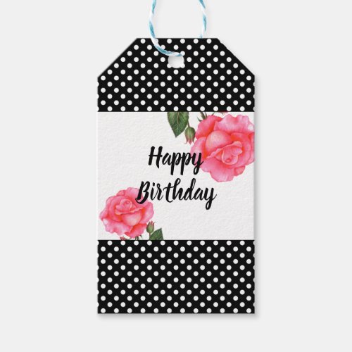 Watercolor Pink Rose Polka Dot Happy Birthday Gift Tags