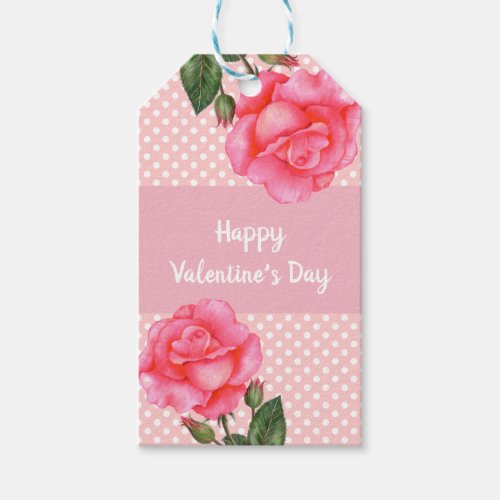 Watercolor Pink Rose Polka Dot Valentines Day Gift Tags