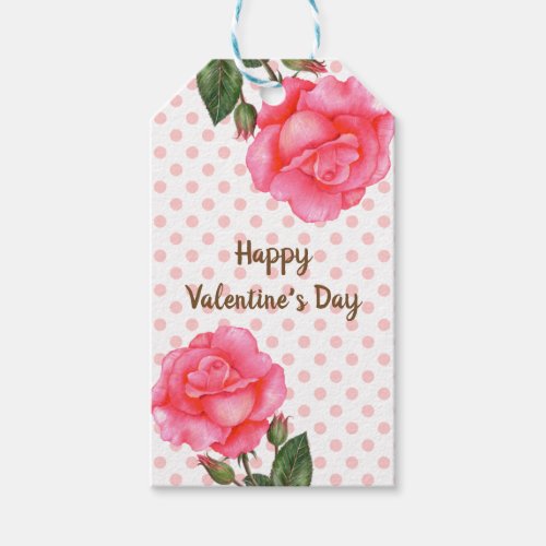 Watercolor Pink Rose Polka Dot Valentines Day Gift Tags