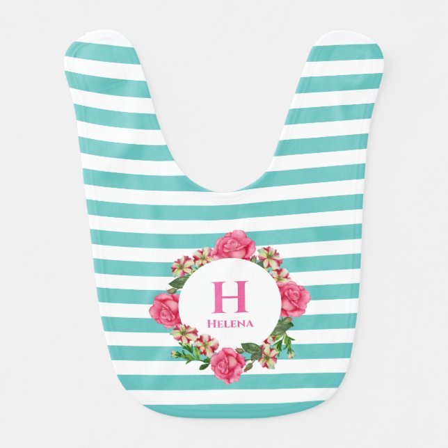 Watercolor Pink Rose Red White Petunias Monogram Baby Bib (Front)