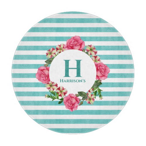 Watercolor Pink Rose Red White Petunias Monogram Cutting Board