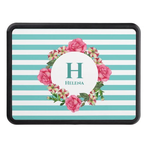 Watercolor Pink Rose Red White Petunias Monogram Hitch Cover