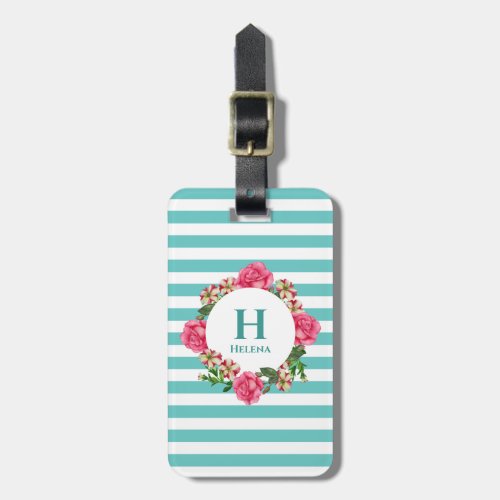 Watercolor Pink Rose Red White Petunias Monogram Luggage Tag