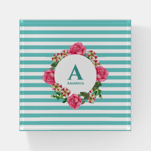 Watercolor Pink Rose Red White Petunias Monogram Paperweight