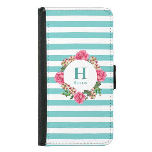 Watercolor Pink Rose Red White Petunias Monogram Samsung Galaxy S5 Wallet Case