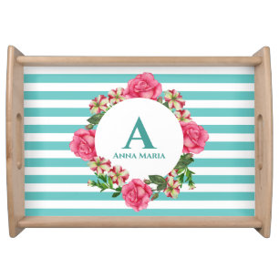 Watercolor Pink Rose Red White Petunias Monogram Serving Tray