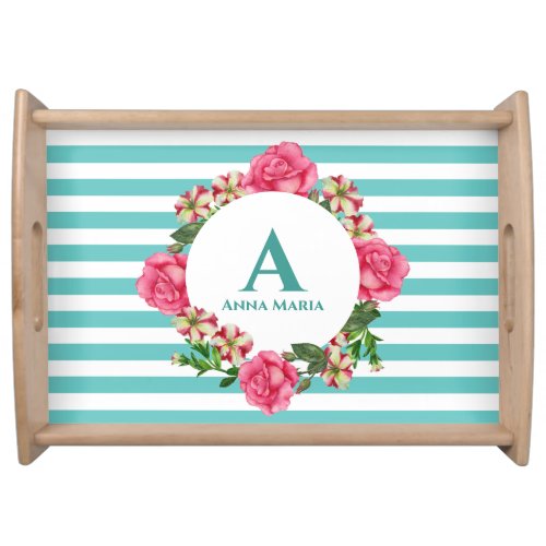 Watercolor Pink Rose Red White Petunias Monogram Serving Tray