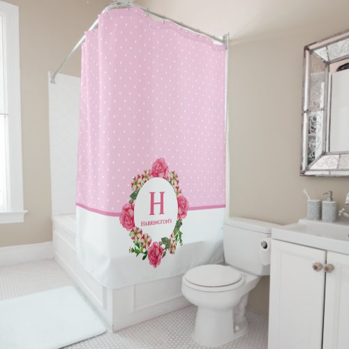 Watercolor Pink Rose Red White Petunias Monogram Shower Curtain