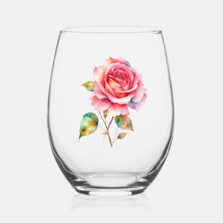 Watercolor pink rose. Rose with stem Stemless Wine Glass