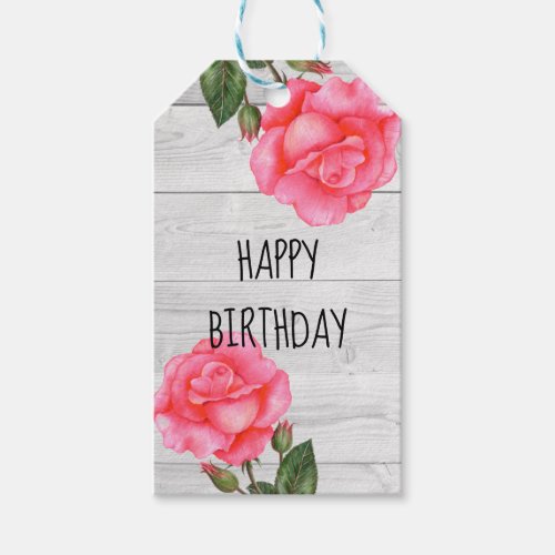 Watercolor Pink Rose Rustic Design Happy Birthday Gift Tags
