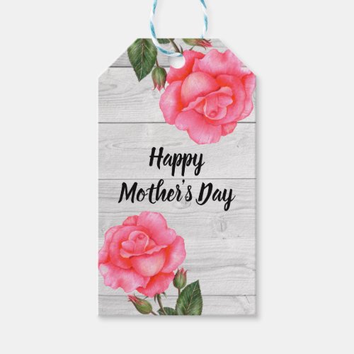 Watercolor Pink Rose Rustic Wood Mothers Day Gift Tags