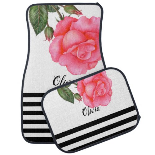 Watercolor Pink Rose Shabby Chic Stripes Pattern Car Floor Mat