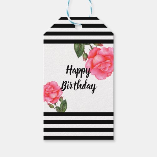 Watercolor Pink Rose Stripes Birthday Wishes Gift Tags
