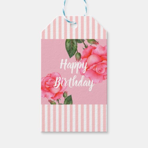 Watercolor Pink Rose White Stripes Happy Birthday Gift Tags