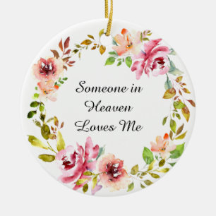 Watercolor Pink Rose Wreath Memorial Keepsake Ceramic Ornament