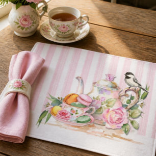 Watercolor Pink Roses Afternoon Tea and Macarons Cloth Placemat