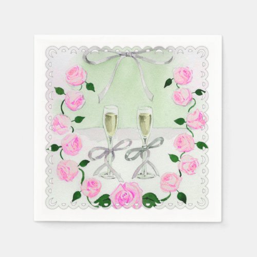 Watercolor Pink Roses and Champagne Paper Napkins