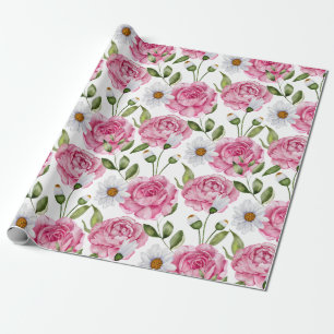 Watercolor Pink Roses and Daisy Flowers Wrapping Paper