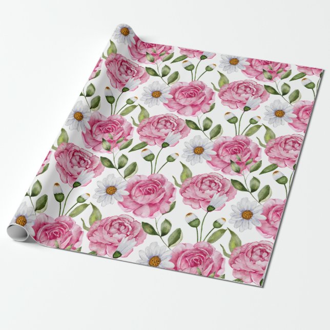 Watercolor Pink Roses and Daisy Flowers  Wrapping Paper (Unrolled)