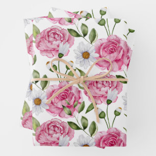 Watercolor Pink Roses and Daisy Flowers Wrapping Paper Sheets