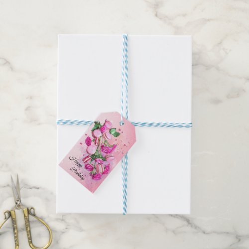 Watercolor Pink Roses and French Macarons Birthday Gift Tags