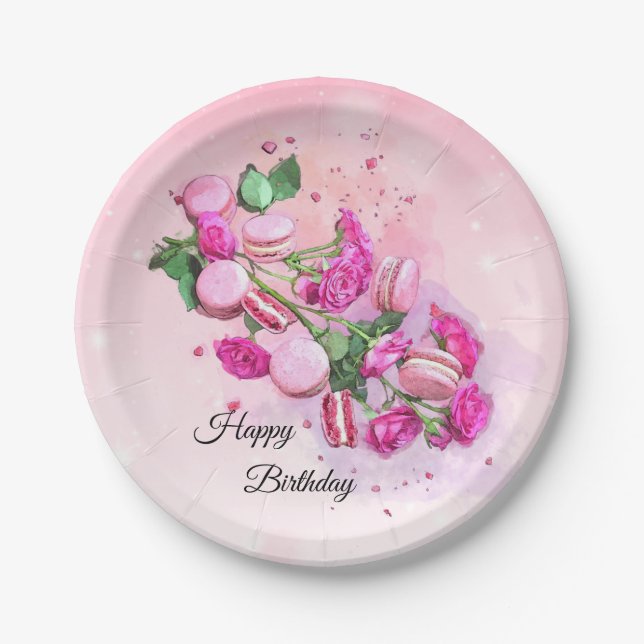 Watercolor Pink Roses and French Macarons Birthday Paper Plates (Front)