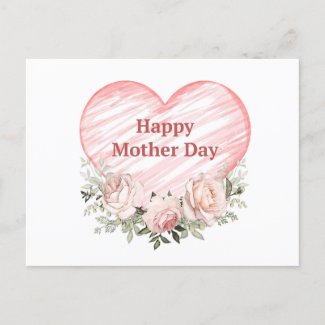 Watercolor Pink Roses and Heart Mother's Day Holiday Postcard