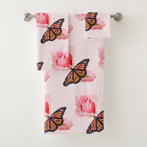 Watercolor Pink Roses and Monarch Butterflies Bath Towel Set