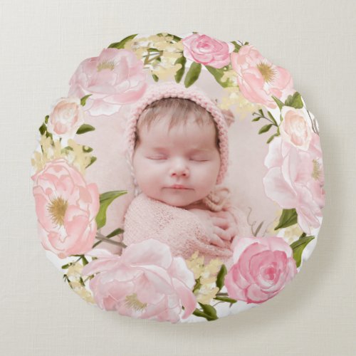 Watercolor Pink Roses and Peonies Wreath Nursery Round Pillow