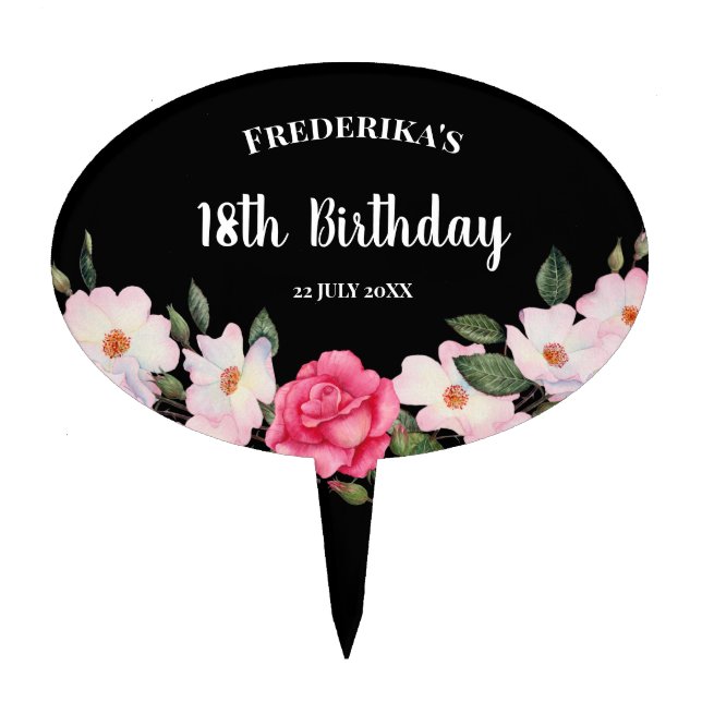 Watercolor Pink Roses Ballerina Birthday Cake Topper (Front)