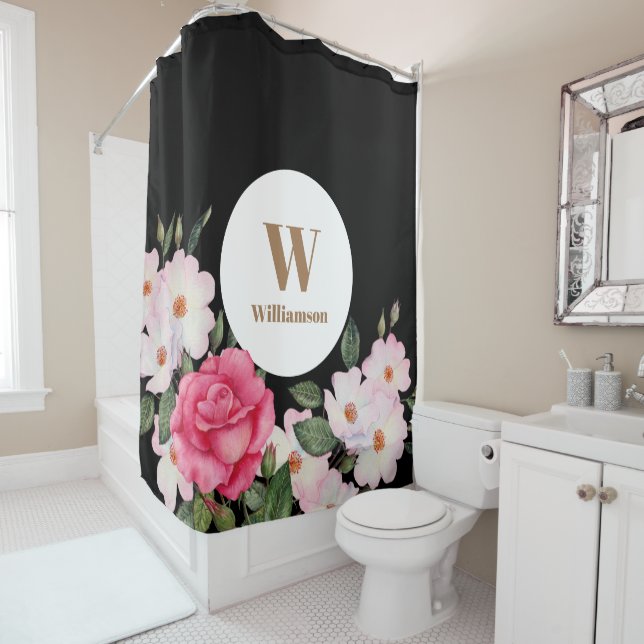 Watercolor Pink Roses Ballerina Botanical Painting Shower Curtain (In Situ)